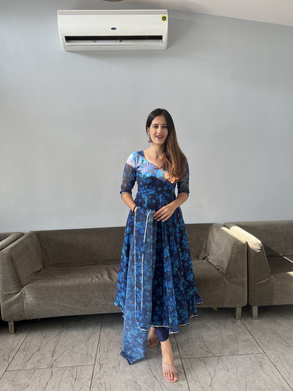 Gorgeous Blue Georgette Silk Floral Anarkali Pant Suit - Ethnicwish