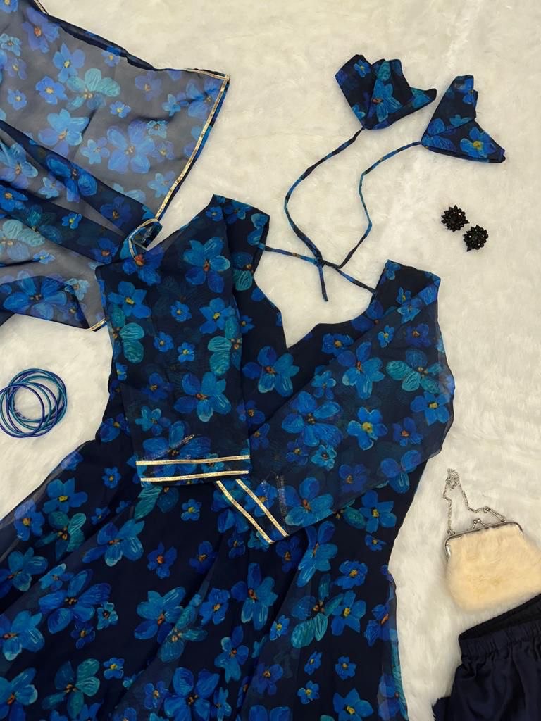 Gorgeous Blue Georgette Silk Floral Anarkali Pant Suit - Ethnicwish