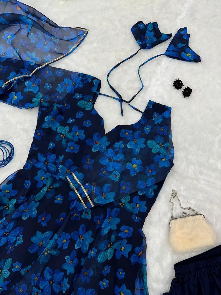 Gorgeous Blue Georgette Silk Floral Anarkali Pant Suit - Ethnicwish