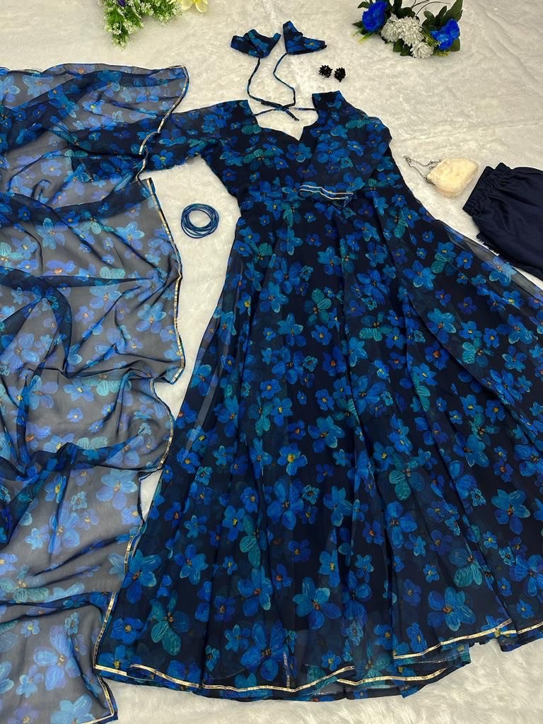 Gorgeous Blue Georgette Silk Floral Anarkali Pant Suit - Ethnicwish