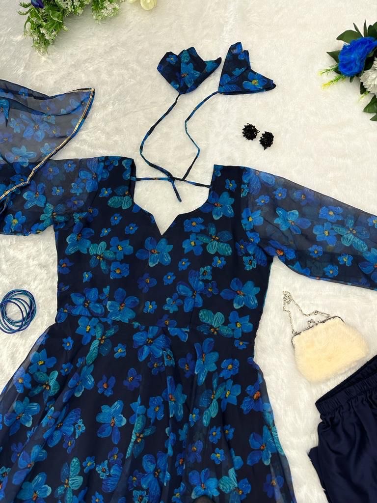 Gorgeous Blue Georgette Silk Floral Anarkali Pant Suit - Ethnicwish