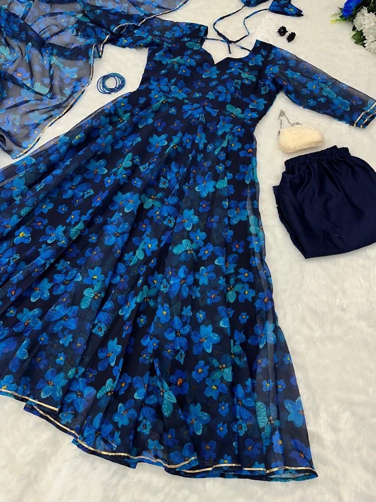 Gorgeous Blue Georgette Silk Floral Anarkali Pant Suit - Ethnicwish