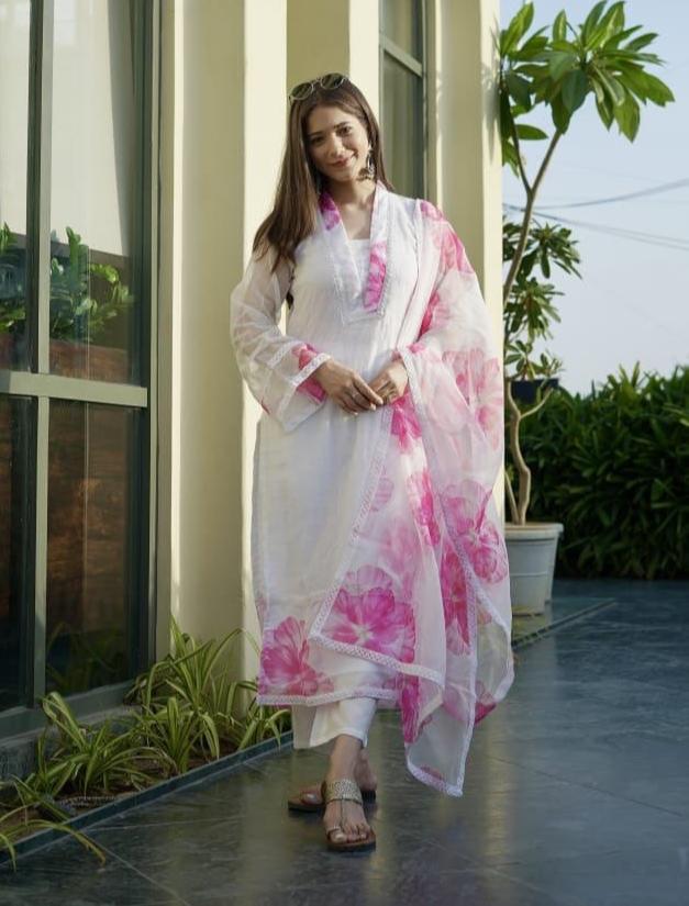 Posh White Organza Straight Kurta Pant With Dupatta Set - Ethnicwish