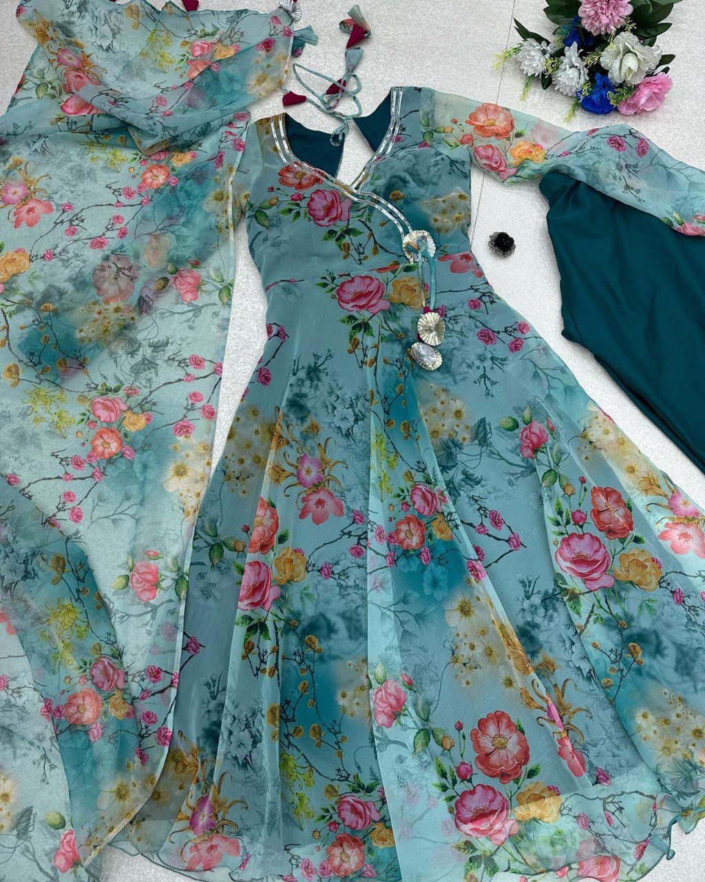 Winsome Rama Georgette Silk Floral Anarkali Pant Suit - Ethnicwish