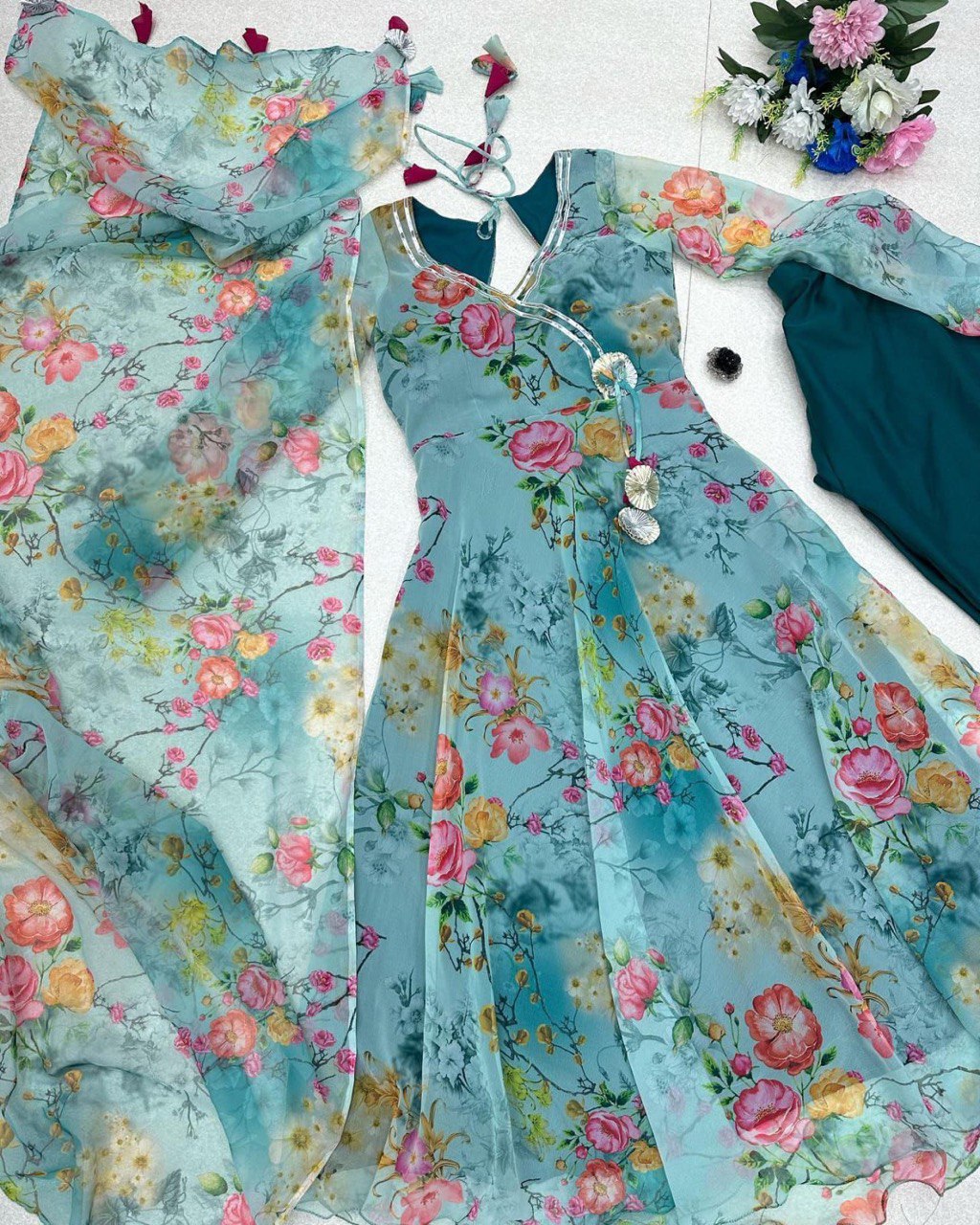 Winsome Rama Georgette Silk Floral Anarkali Pant Suit - Ethnicwish