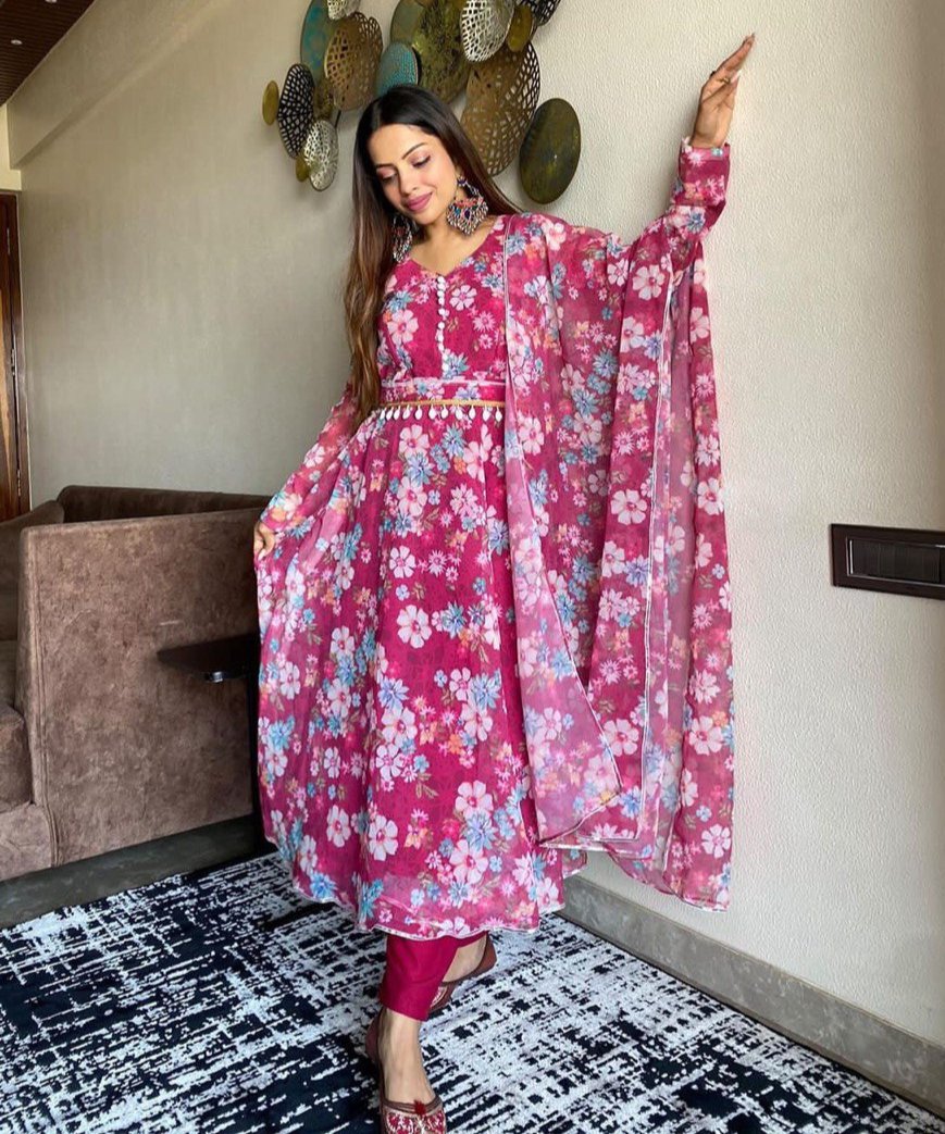 Winsome Rani Pink Georgette Silk Floral Anarkali Pant Suit - Ethnicwish