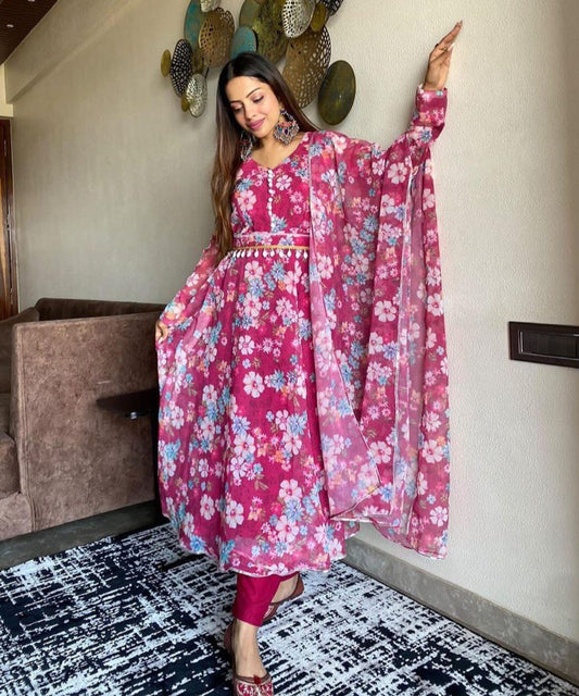 Winsome Rani Pink Georgette Silk Floral Anarkali Pant Suit - Ethnicwish