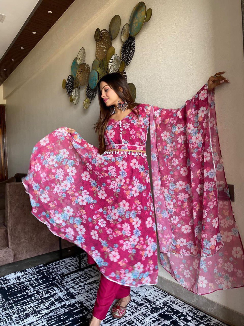 Winsome Rani Pink Georgette Silk Floral Anarkali Pant Suit - Ethnicwish