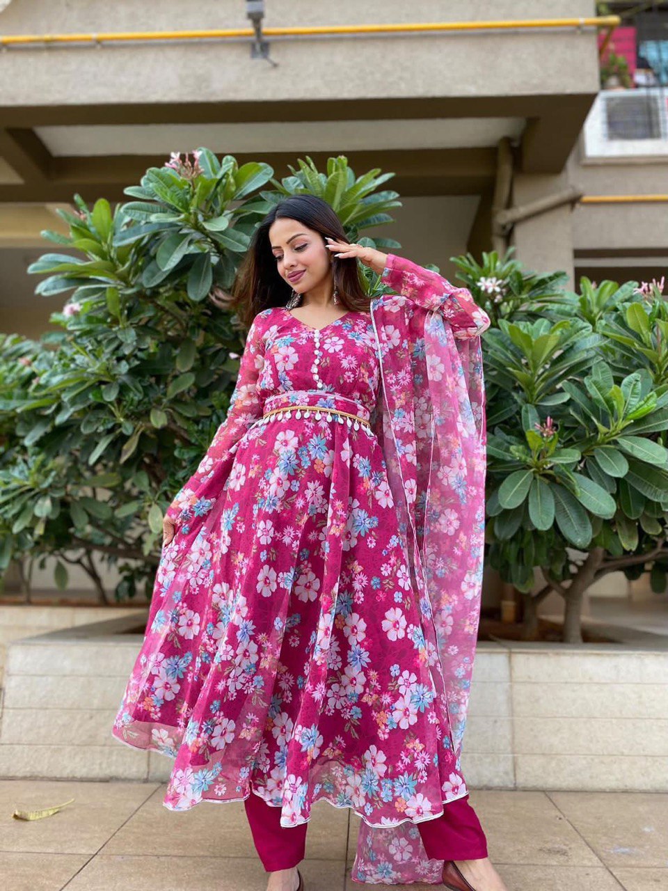 Winsome Rani Pink Georgette Silk Floral Anarkali Pant Suit - Ethnicwish