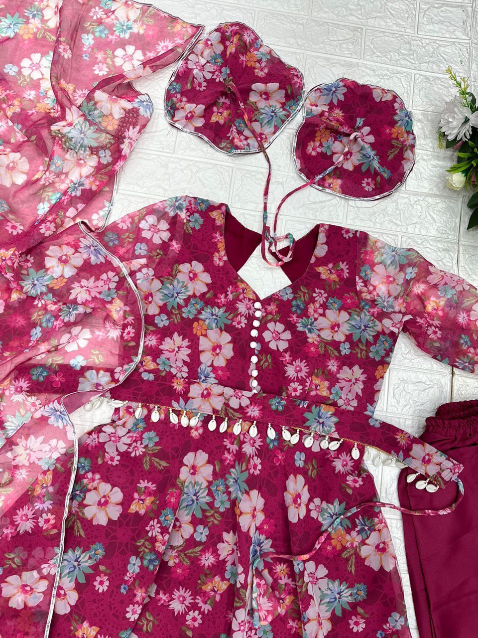 Winsome Rani Pink Georgette Silk Floral Anarkali Pant Suit - Ethnicwish