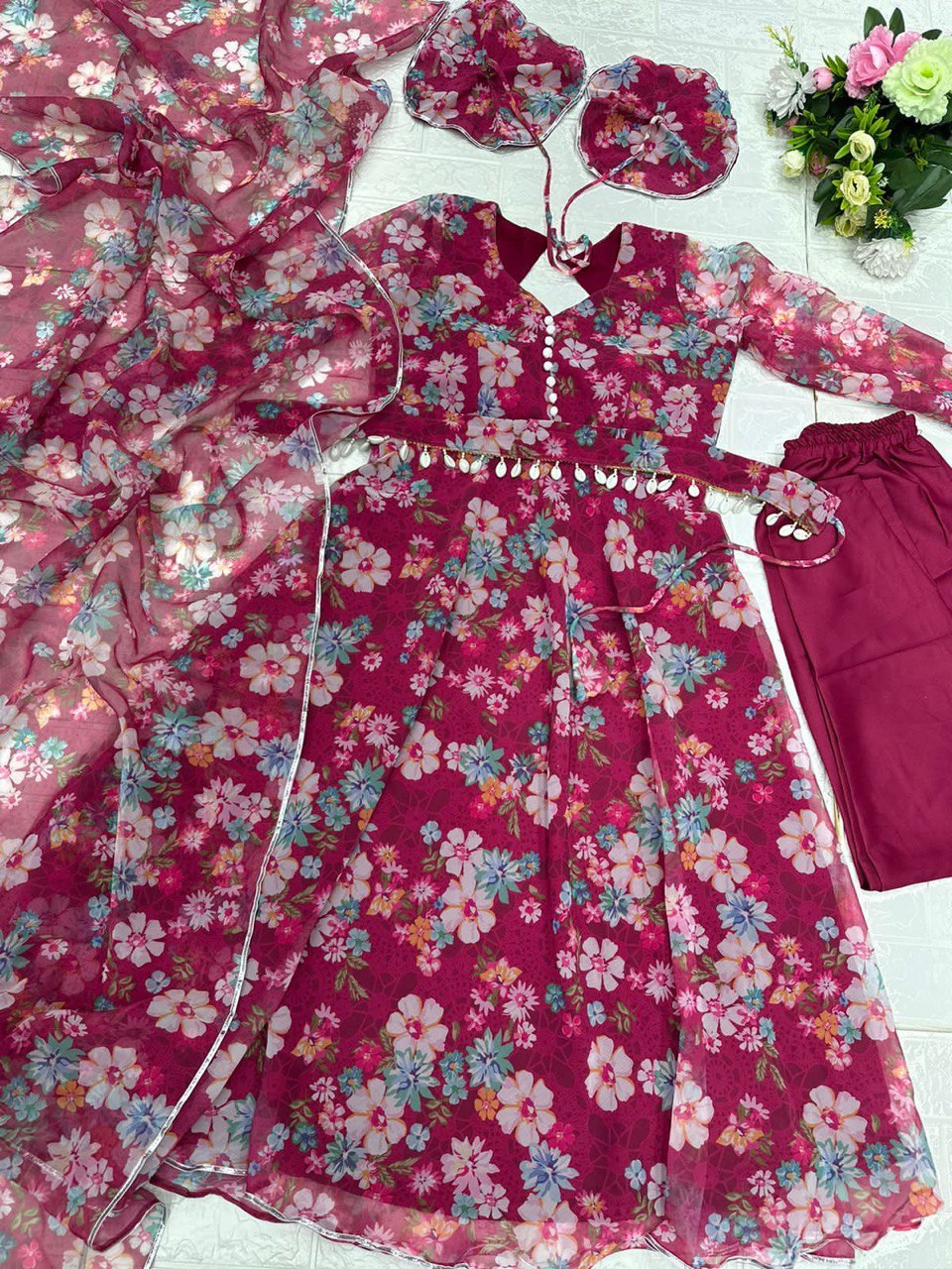 Winsome Rani Pink Georgette Silk Floral Anarkali Pant Suit - Ethnicwish