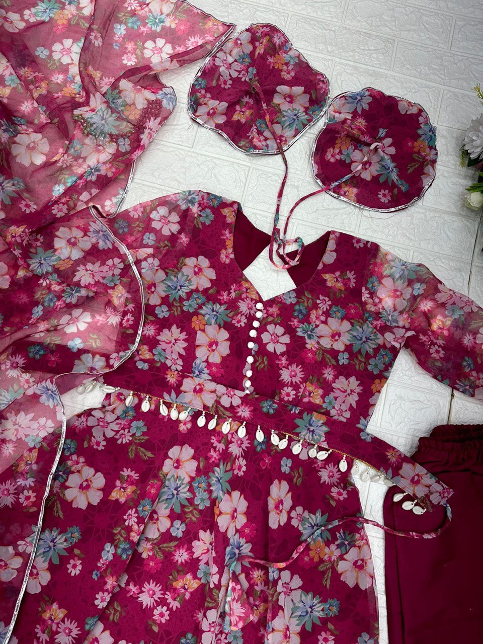 Winsome Rani Pink Georgette Silk Floral Anarkali Pant Suit - Ethnicwish