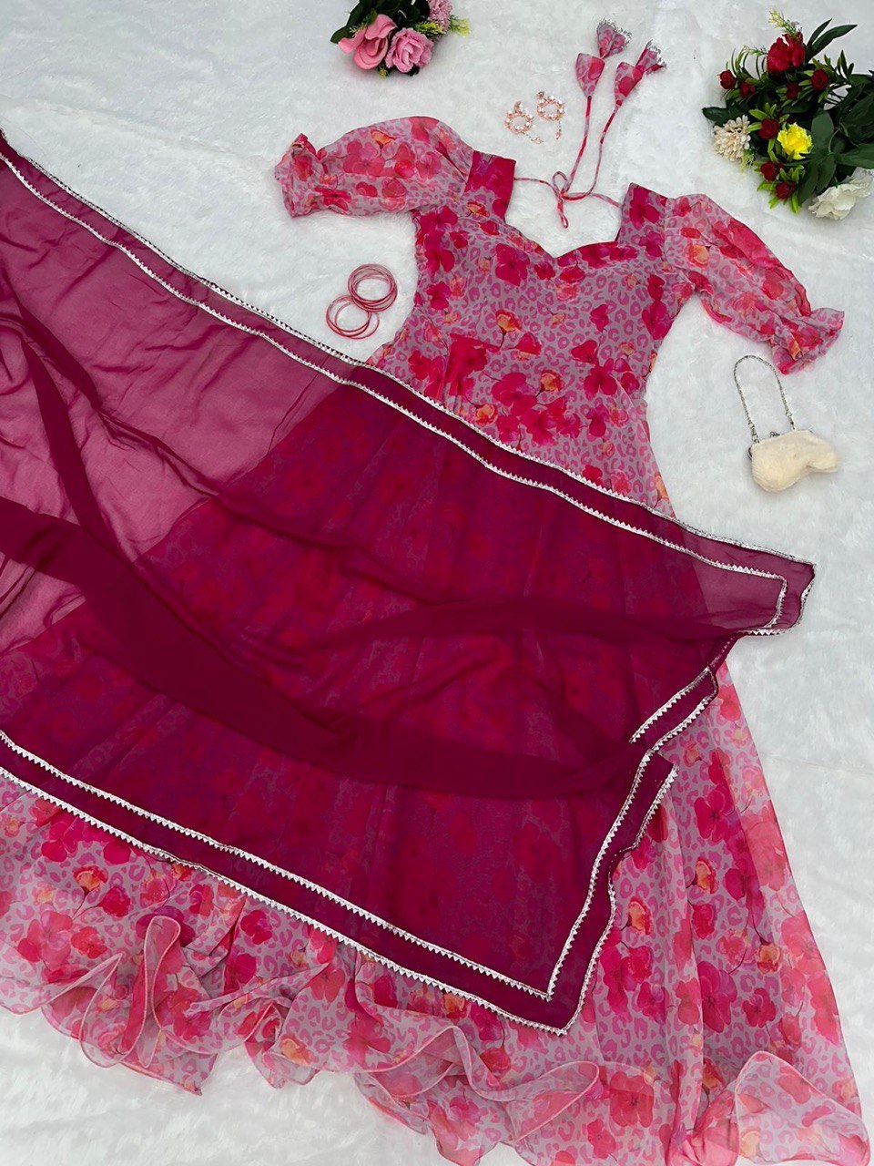 Captivating Pink Georgette Fully Stitched Plain Gown With Floral Dupatta - Ethnicwish