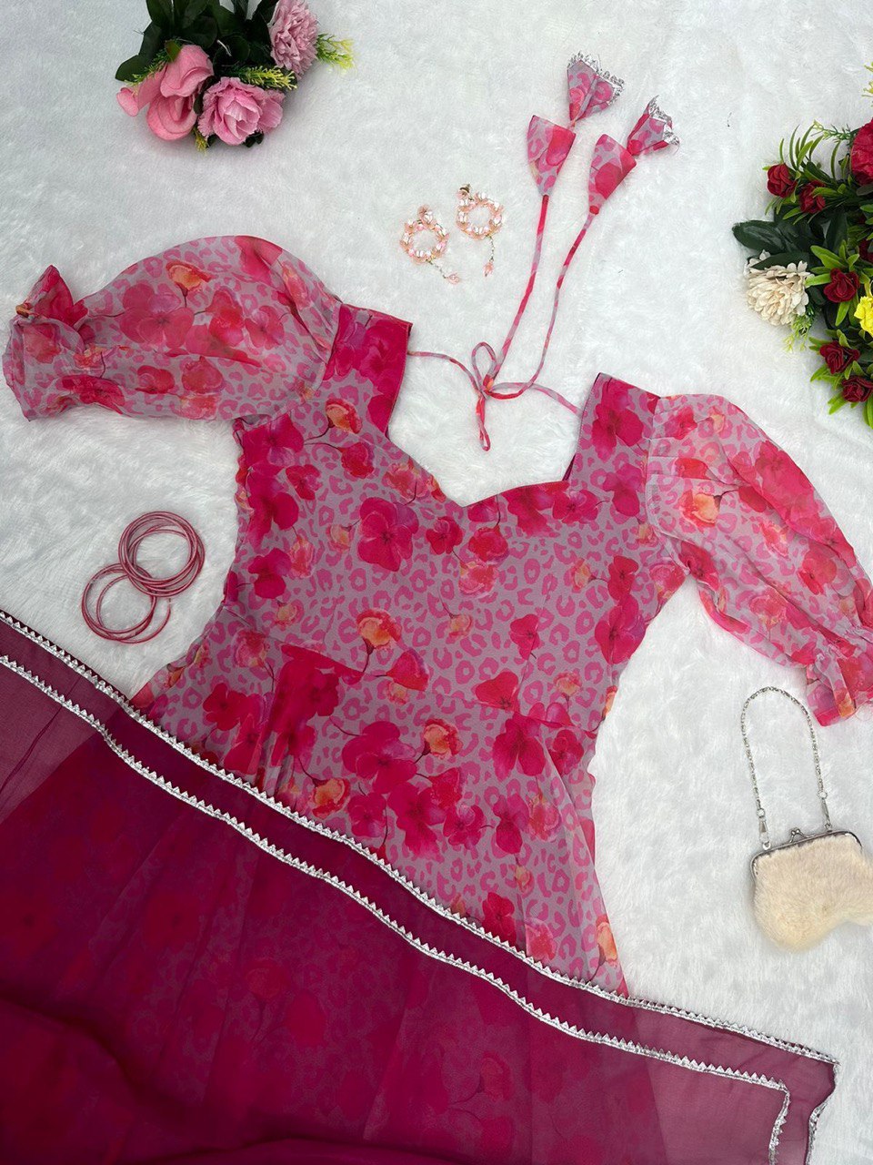 Captivating Pink Georgette Fully Stitched Plain Gown With Floral Dupatta - Ethnicwish