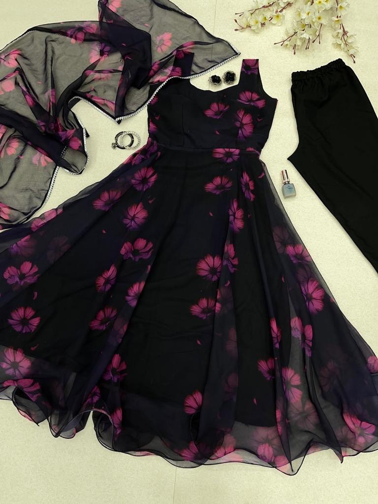 Alluring Black Georgette Silk Fully Stitched Floral Anarkali Pant Suit - Ethnicwish