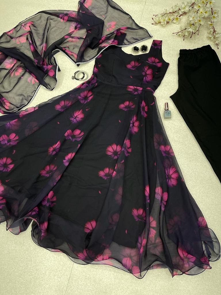 Alluring Black Georgette Silk Fully Stitched Floral Anarkali Pant Suit - Ethnicwish