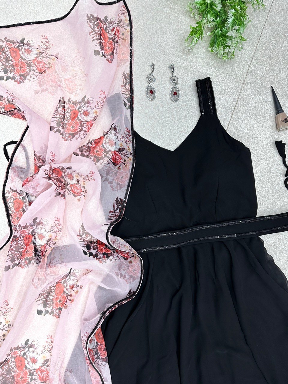 Breathtaking Black Faux Georgette Plain Anarkali Pant Suit With Floral Dupatta - Ethnicwish