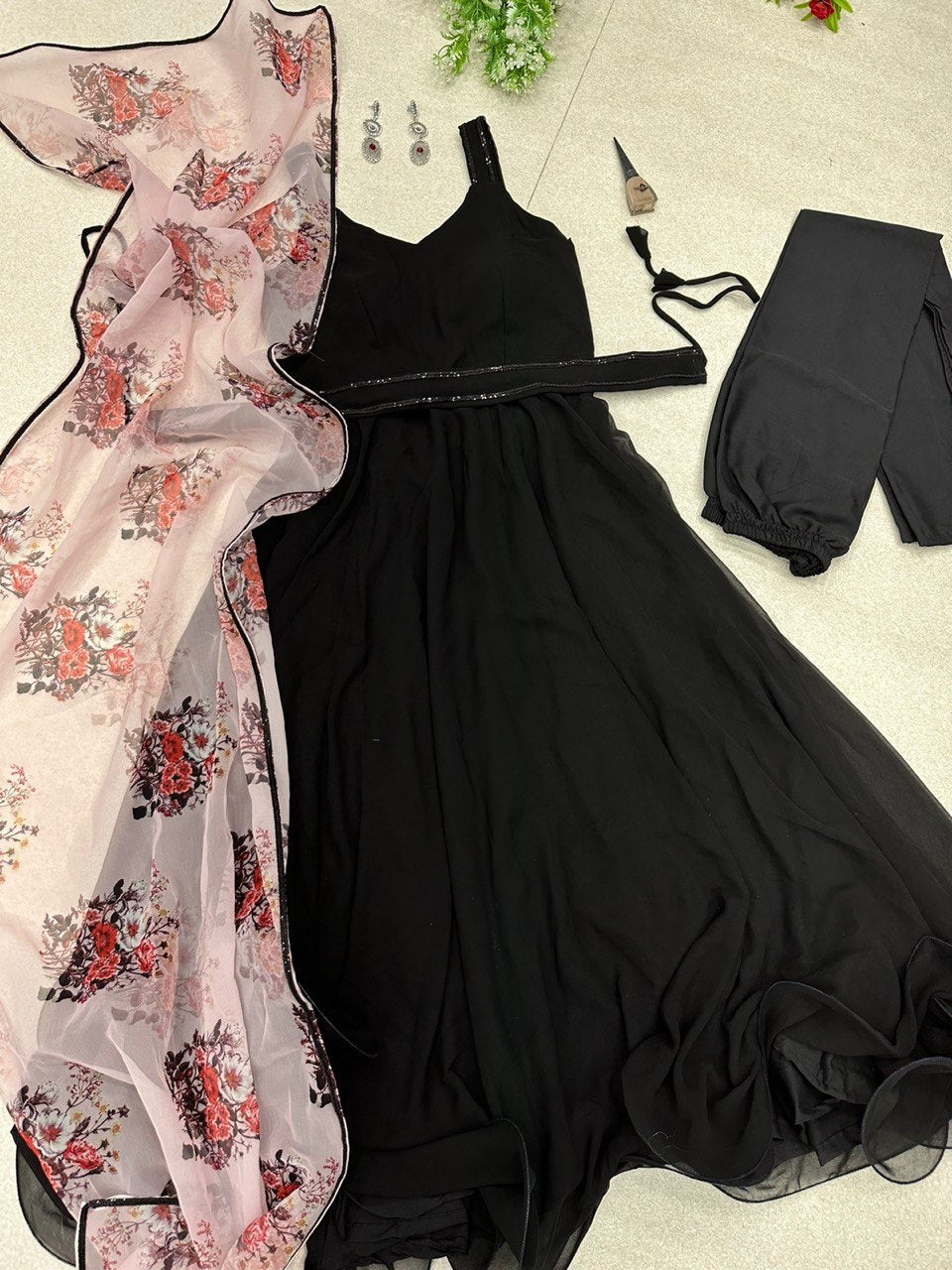 Breathtaking Black Faux Georgette Plain Anarkali Pant Suit With Floral Dupatta - Ethnicwish