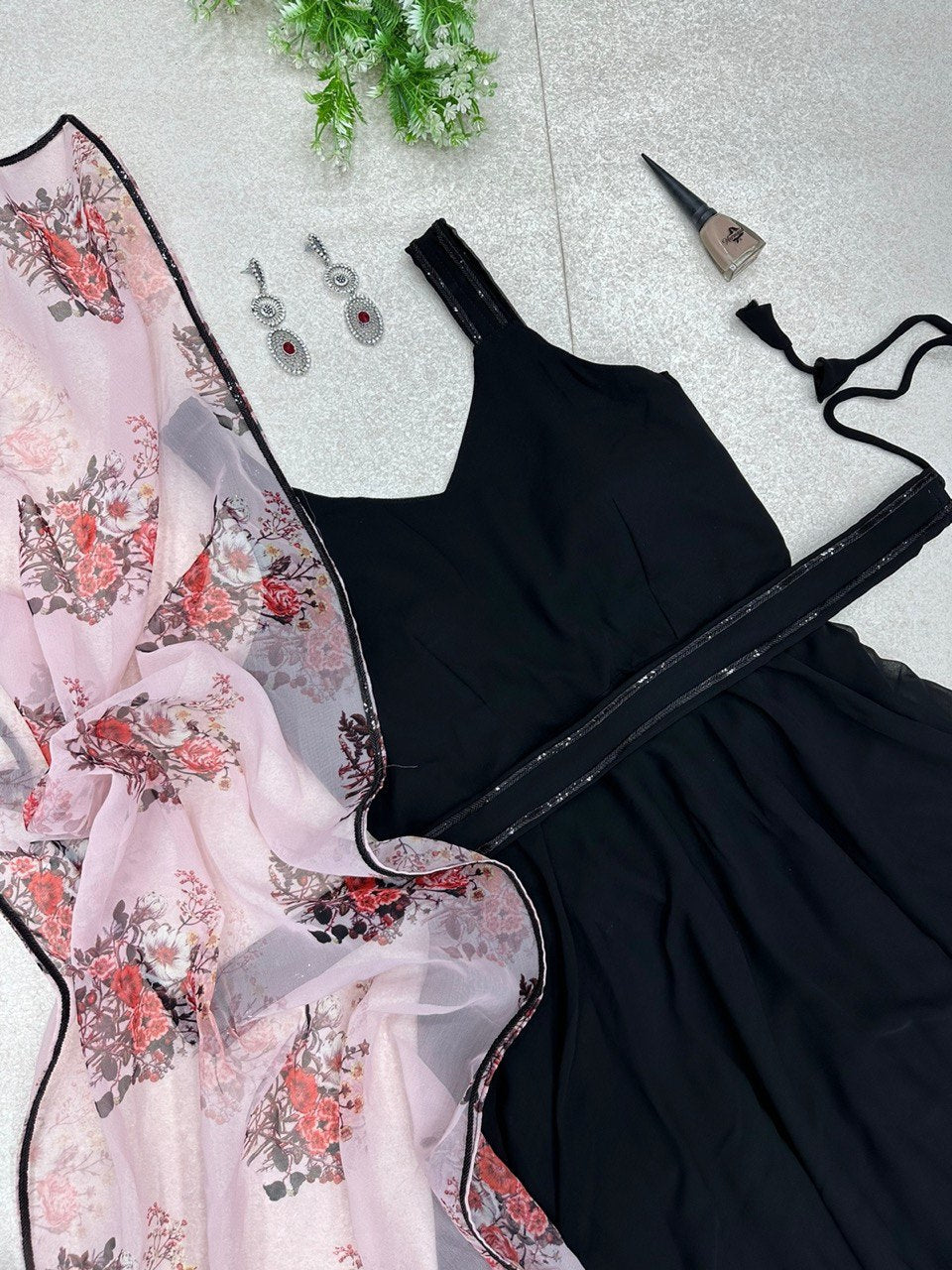 Breathtaking Black Faux Georgette Plain Anarkali Pant Suit With Floral Dupatta - Ethnicwish