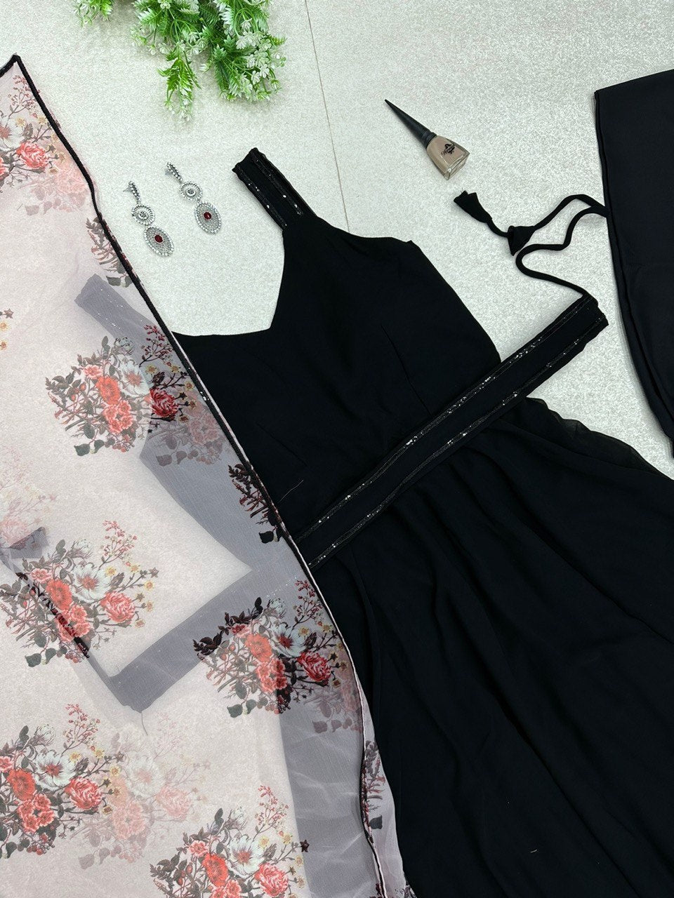 Breathtaking Black Faux Georgette Plain Anarkali Pant Suit With Floral Dupatta - Ethnicwish