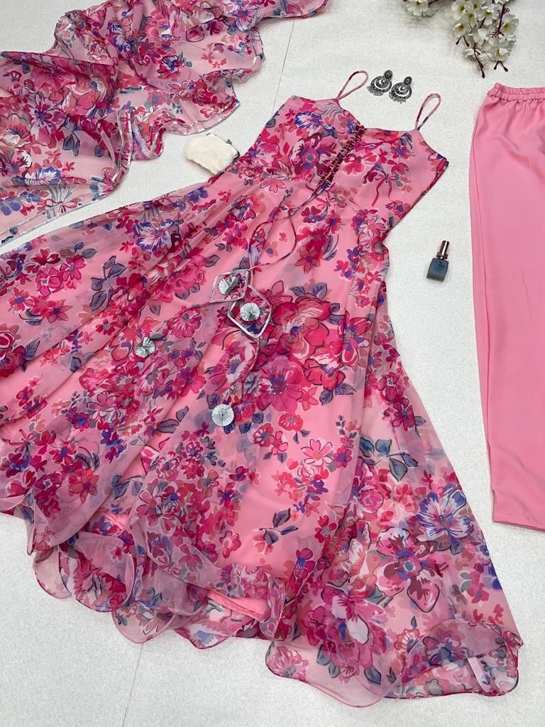 Magnificent Pink Georgette Silk Floral Digital Printed Anarkali Pant Suit - Ethnicwish