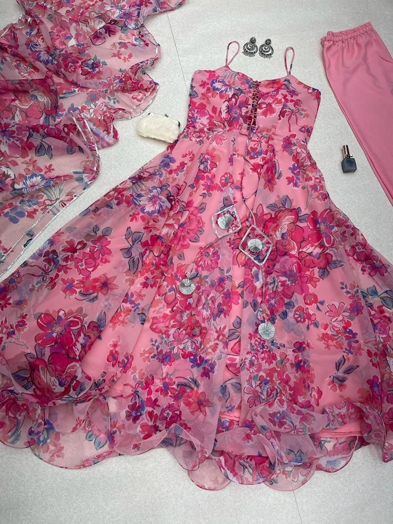 Magnificent Pink Georgette Silk Floral Digital Printed Anarkali Pant Suit - Ethnicwish