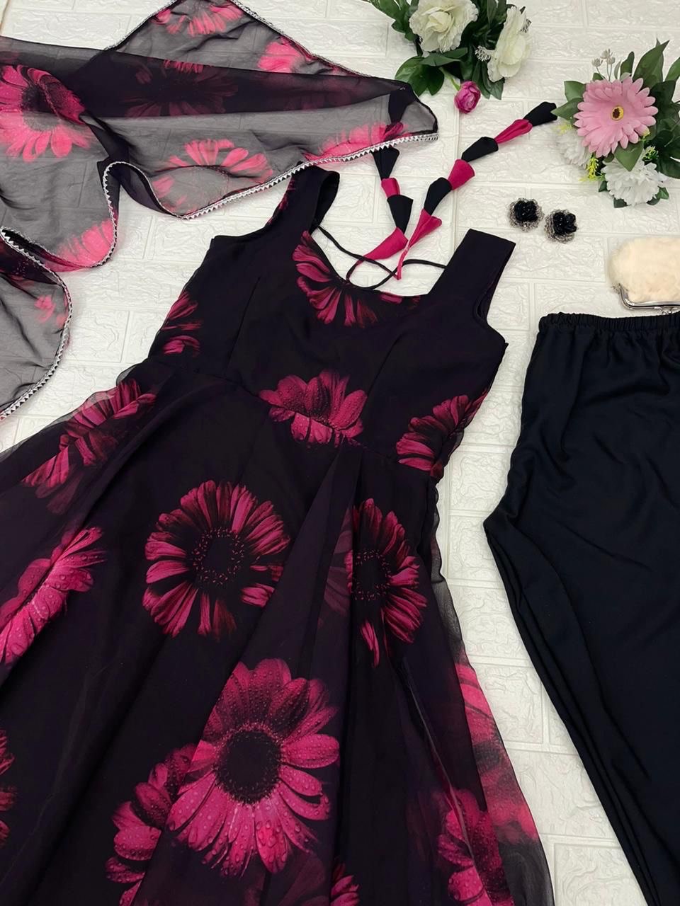 Mesmerizing Black Georgette Silk Floral Anarkali Pant Suit - Ethnicwish