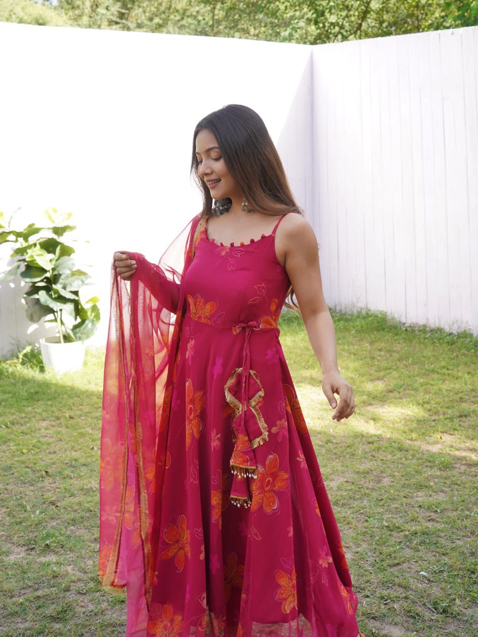 Prepossessing Maroon Georgette Silk Stitched Floral Anarkali Pant Suit - Ethnicwish