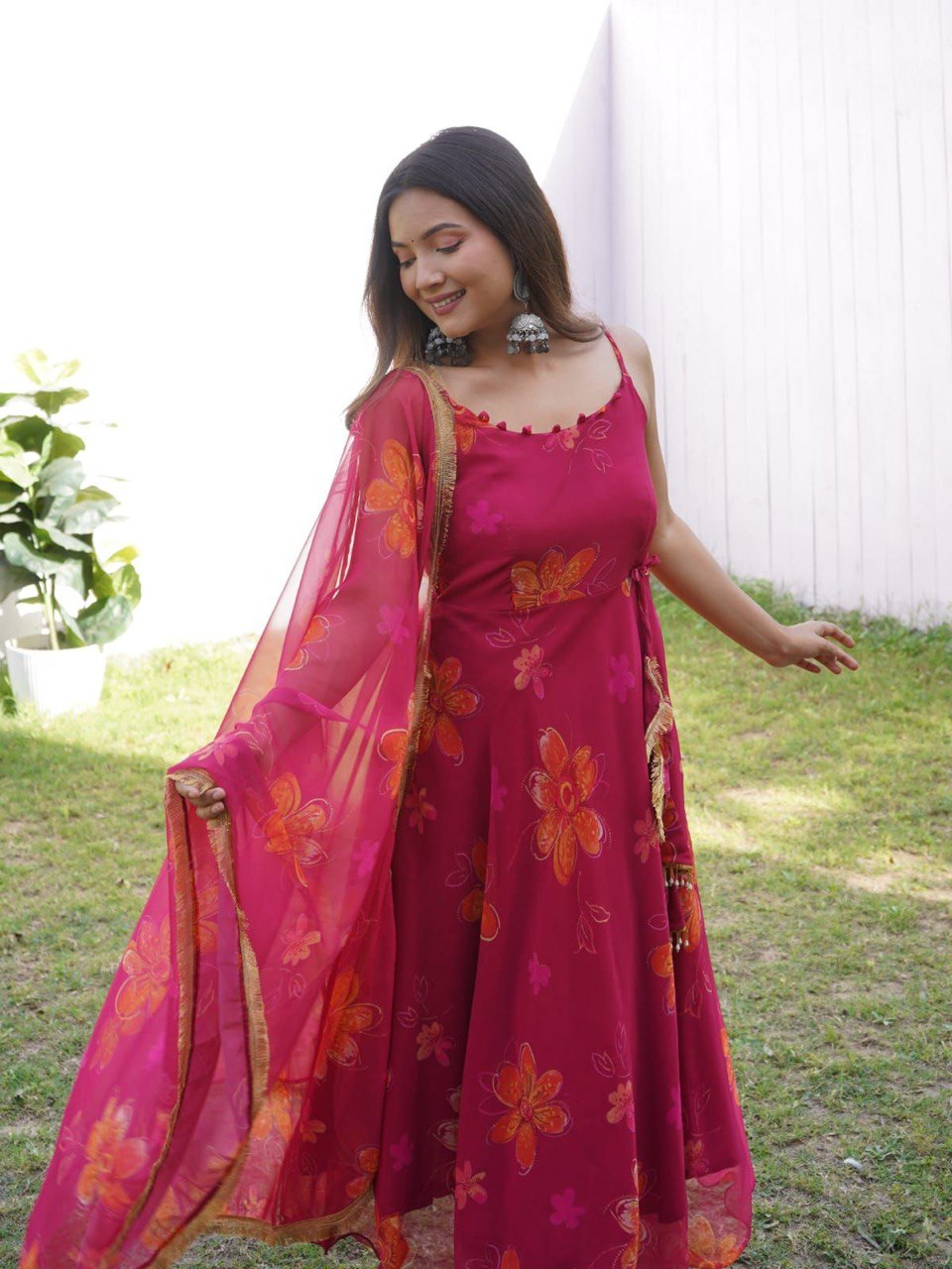 Prepossessing Maroon Georgette Silk Stitched Floral Anarkali Pant Suit - Ethnicwish