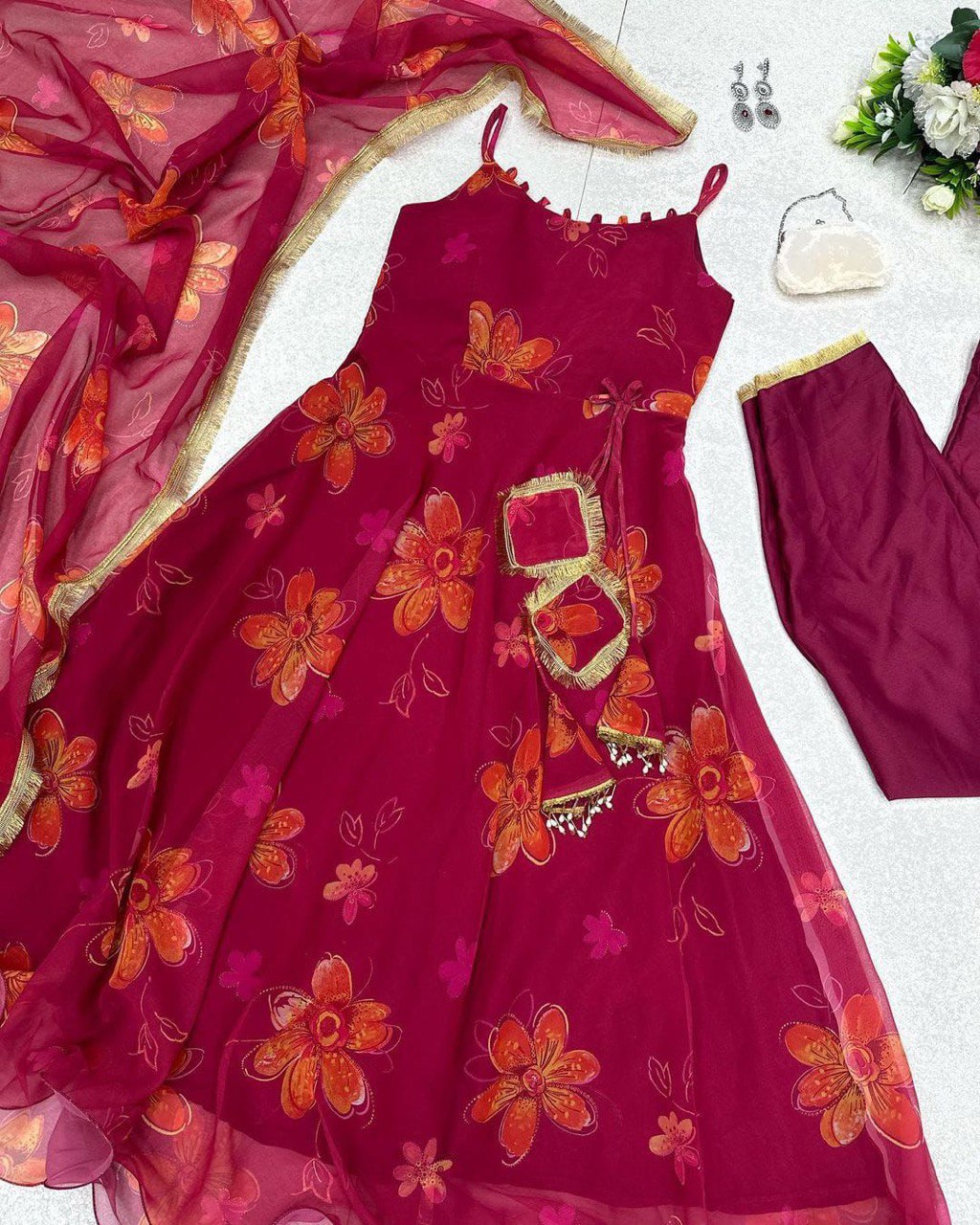 Prepossessing Maroon Georgette Silk Stitched Floral Anarkali Pant Suit - Ethnicwish