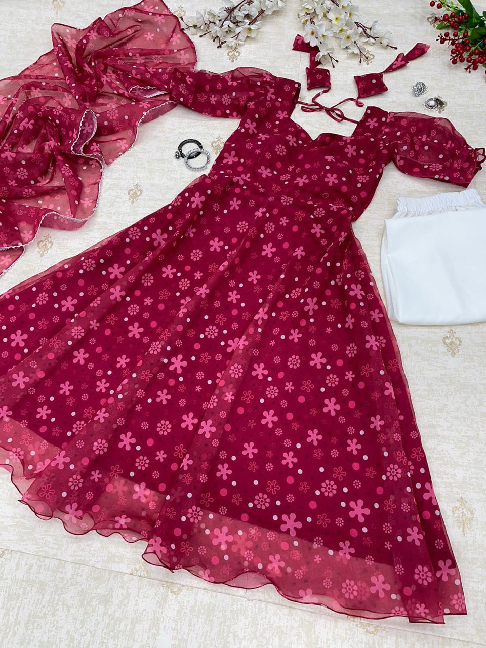 Rani Pink Colored Floral Digital Printed Georgette Silk Suit - Ethnicwish