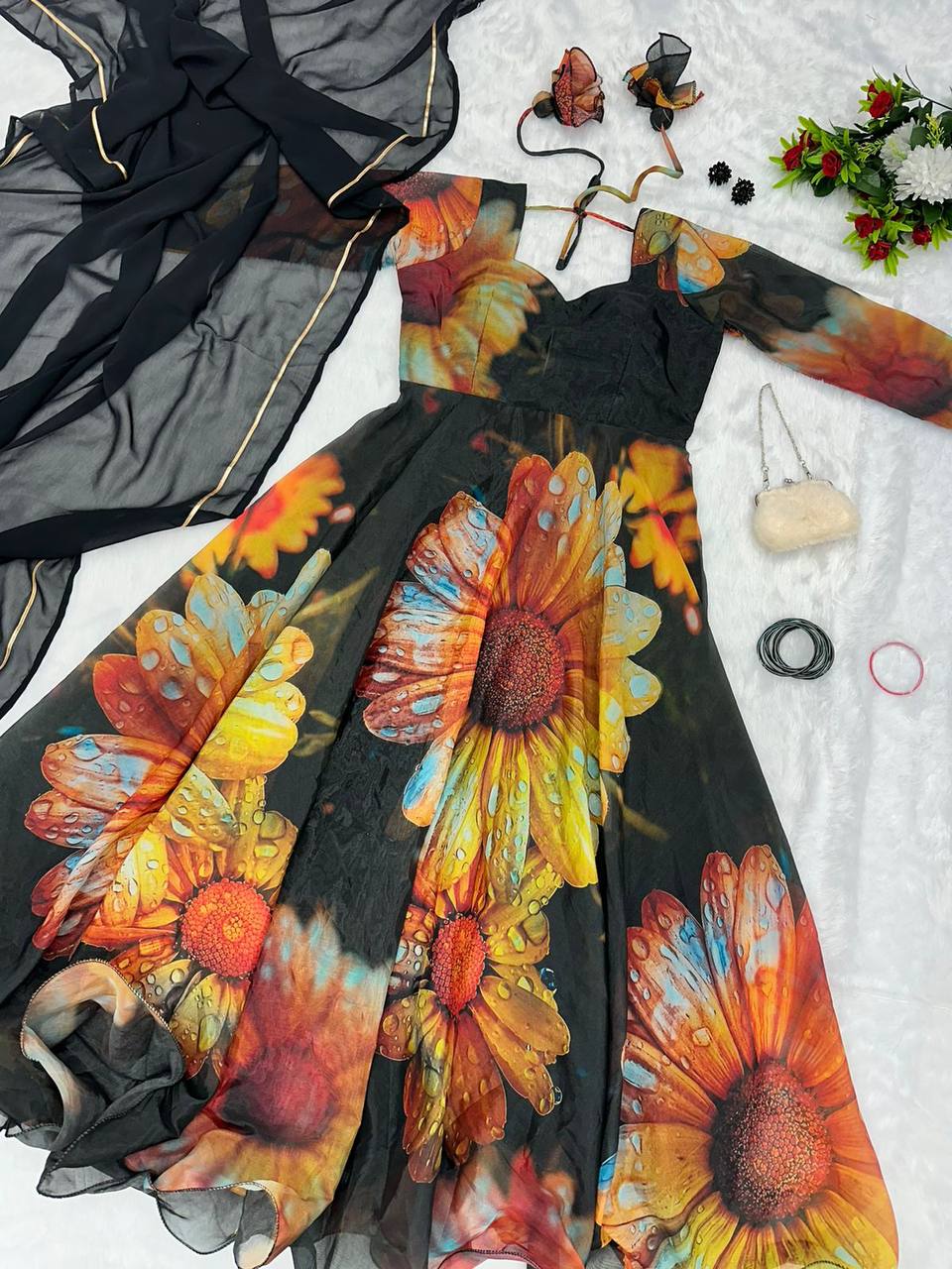 Beguiling Black Organza Silk Digital Printed Fully Stitched Gown With Dupatta - Ethnicwish