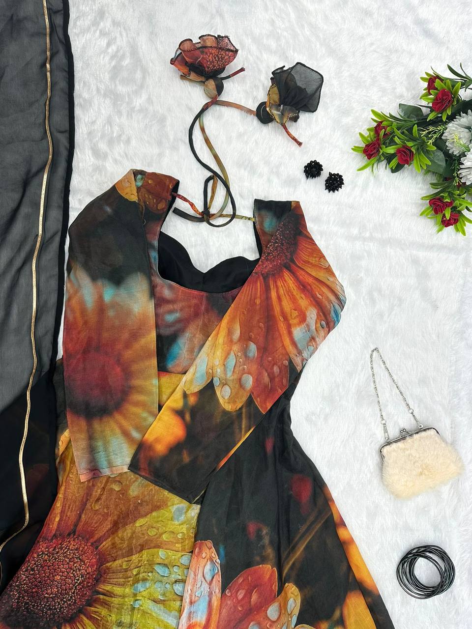 Beguiling Black Organza Silk Digital Printed Fully Stitched Gown With Dupatta - Ethnicwish