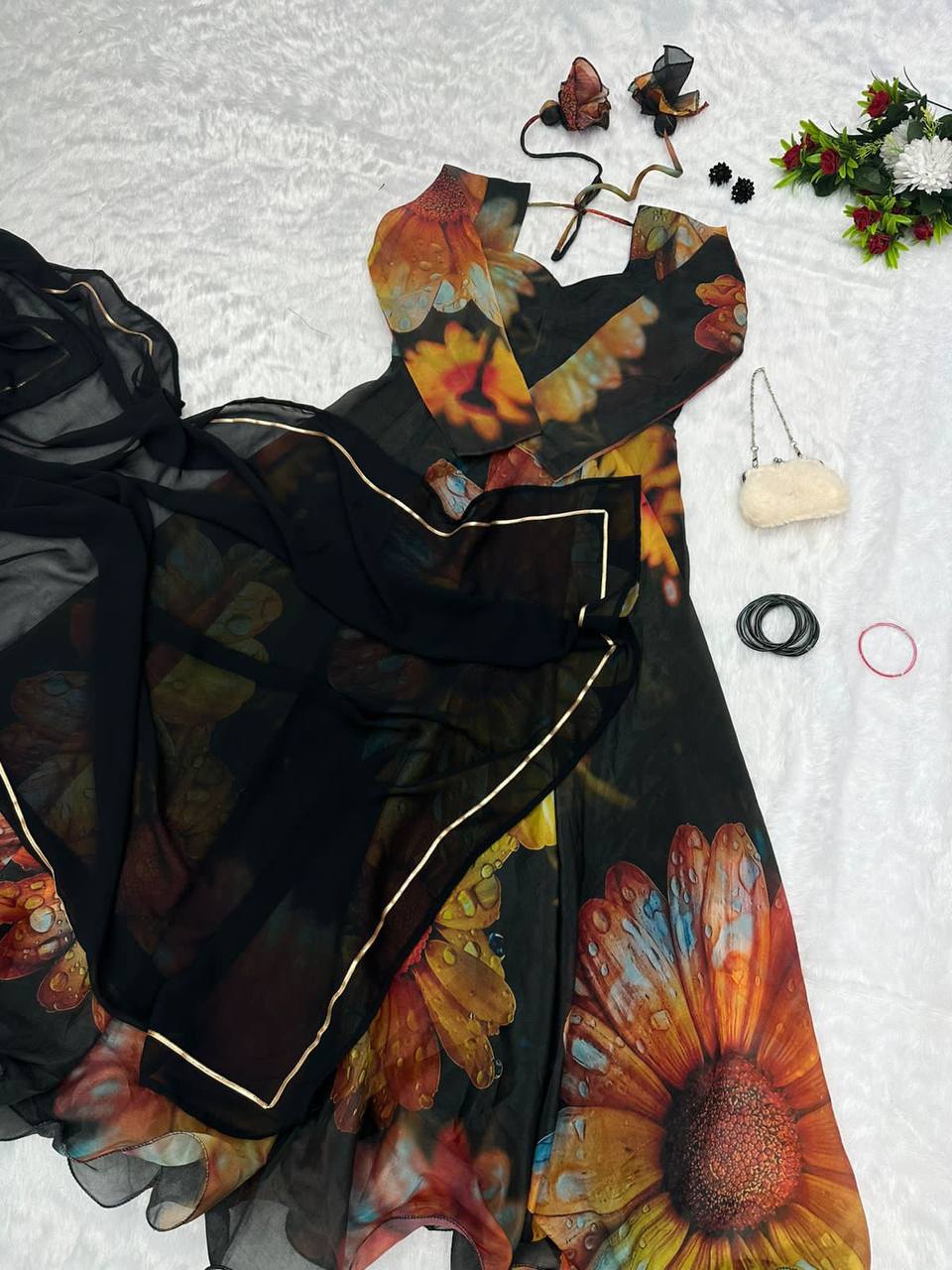 Beguiling Black Organza Silk Digital Printed Fully Stitched Gown With Dupatta - Ethnicwish