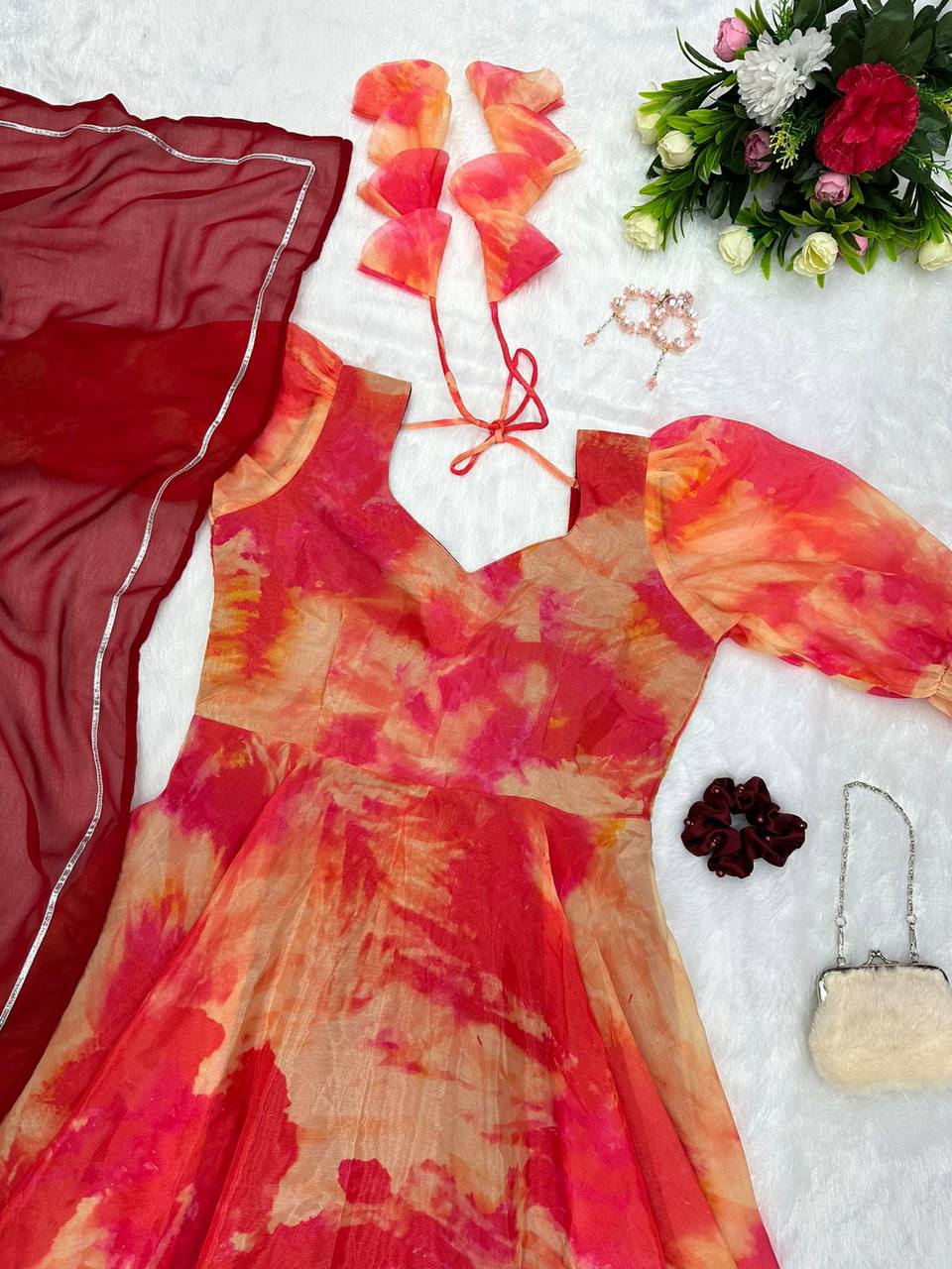 Captivating Orange Organza Silk Digital Printed Fully Stitched Gown With Dupatta - Ethnicwish