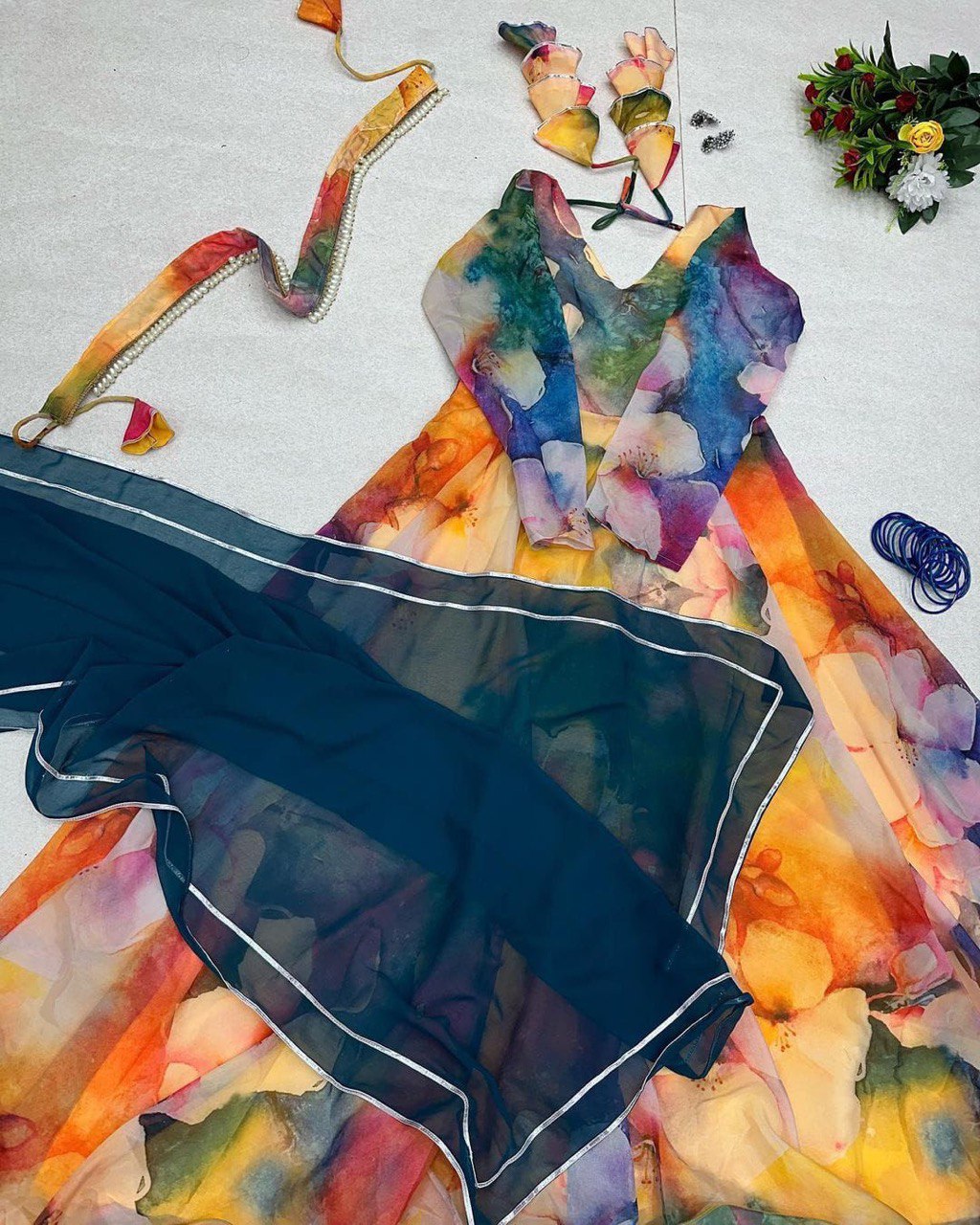 Classy Yellow Organza Silk Digital Printed Fully Stitched Gown With Dupatta - Ethnicwish