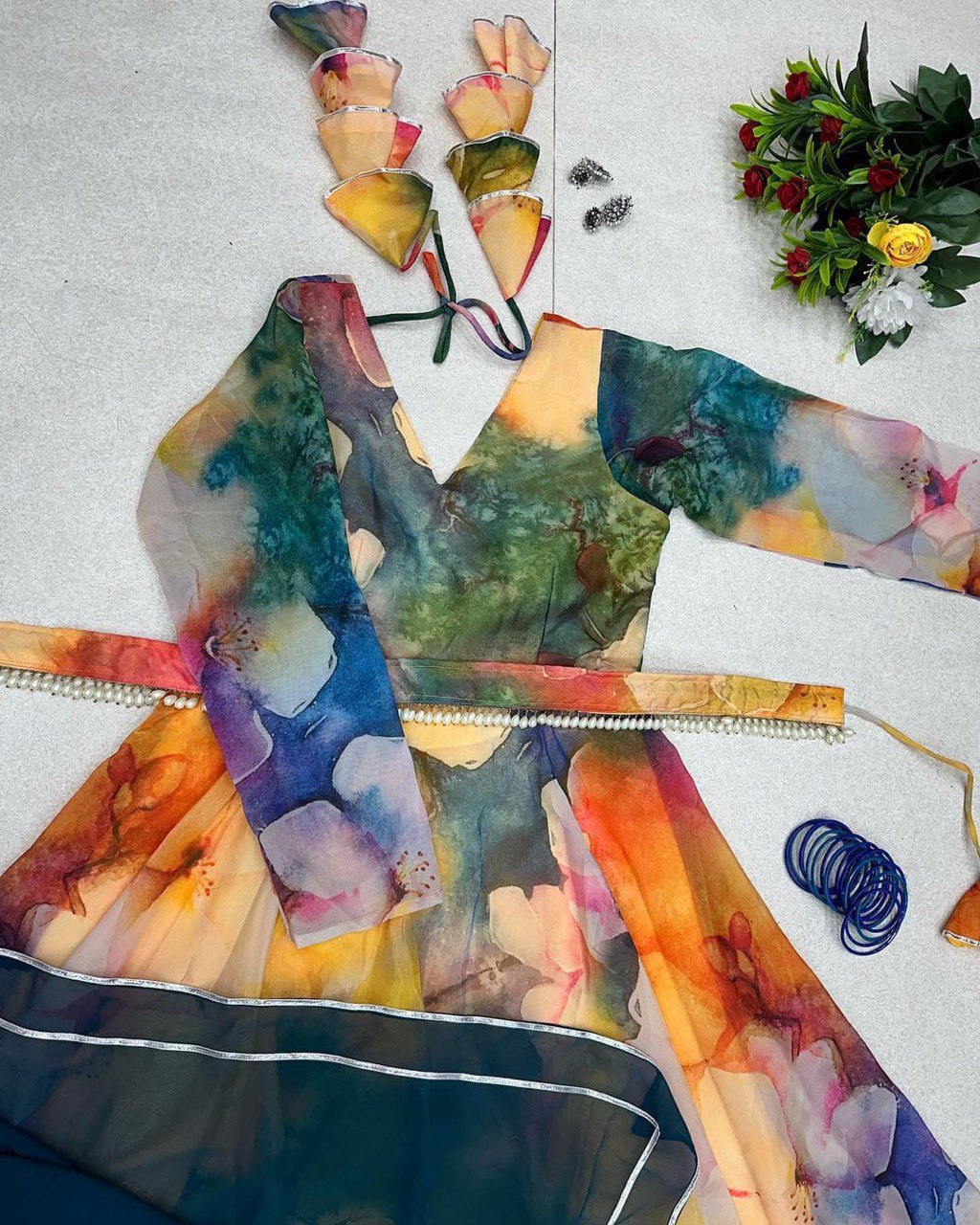 Classy Yellow Organza Silk Digital Printed Fully Stitched Gown With Dupatta - Ethnicwish