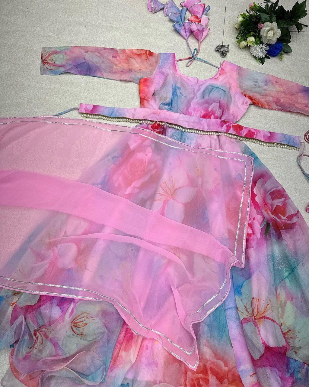 Delightful Pink Organza Silk Digital Printed Fully Stitched Gown With Dupatta - Ethnicwish