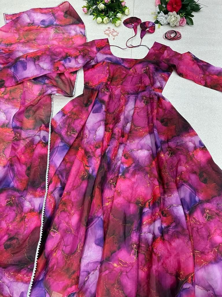 Enamoring Organza Silk Digital Printed Fully Stitched Gown With Dupatta - Ethnicwish