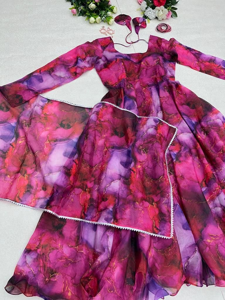 Enamoring Organza Silk Digital Printed Fully Stitched Gown With Dupatta - Ethnicwish