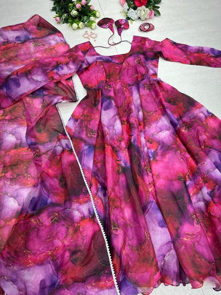 Enamoring Organza Silk Digital Printed Fully Stitched Gown With Dupatta - Ethnicwish