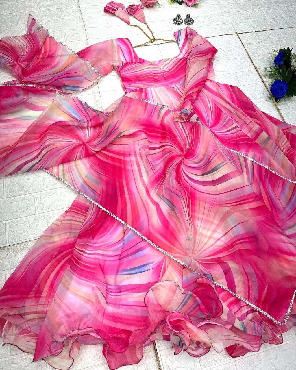 Fetching Pink Organza Silk Digital Printed Fully Stitched Gown With Dupatta - Ethnicwish