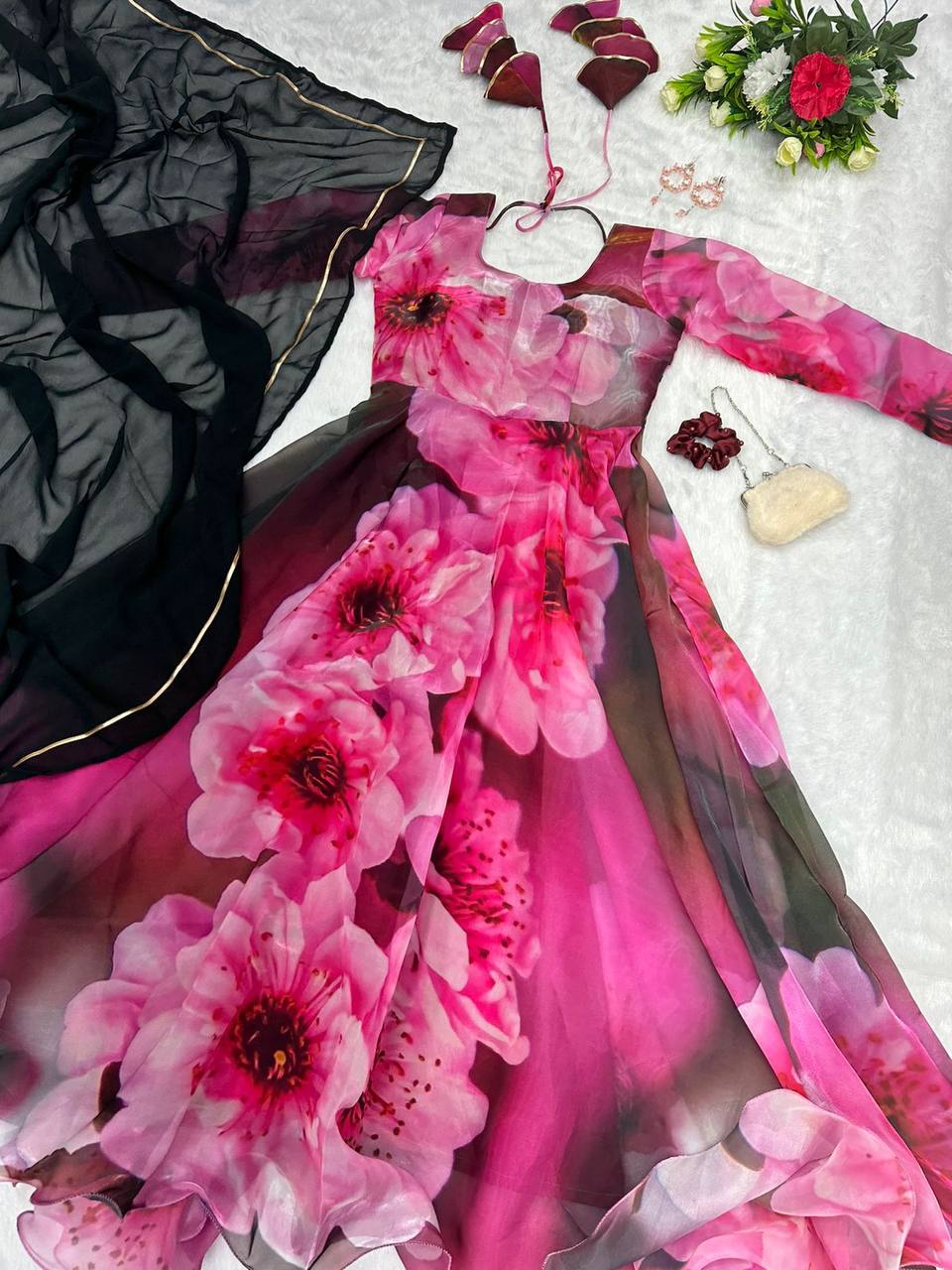 Radiant Pink Organza Silk Digital Printed Fully Stitched Gown With Dupatta - Ethnicwish