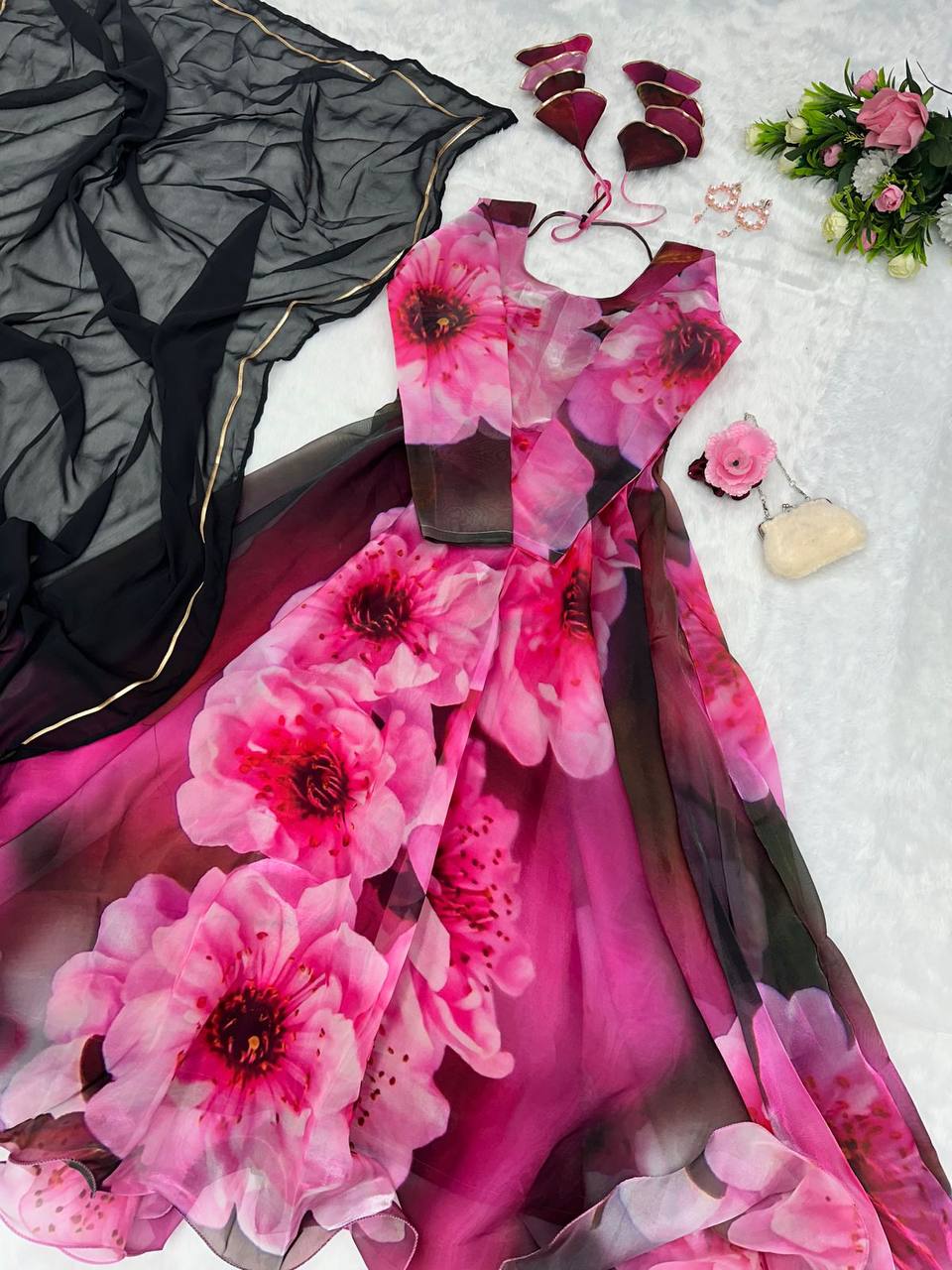 Radiant Pink Organza Silk Digital Printed Fully Stitched Gown With Dupatta - Ethnicwish