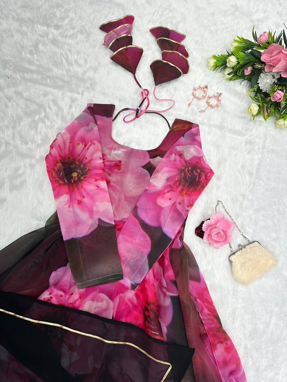 Radiant Pink Organza Silk Digital Printed Fully Stitched Gown With Dupatta - Ethnicwish