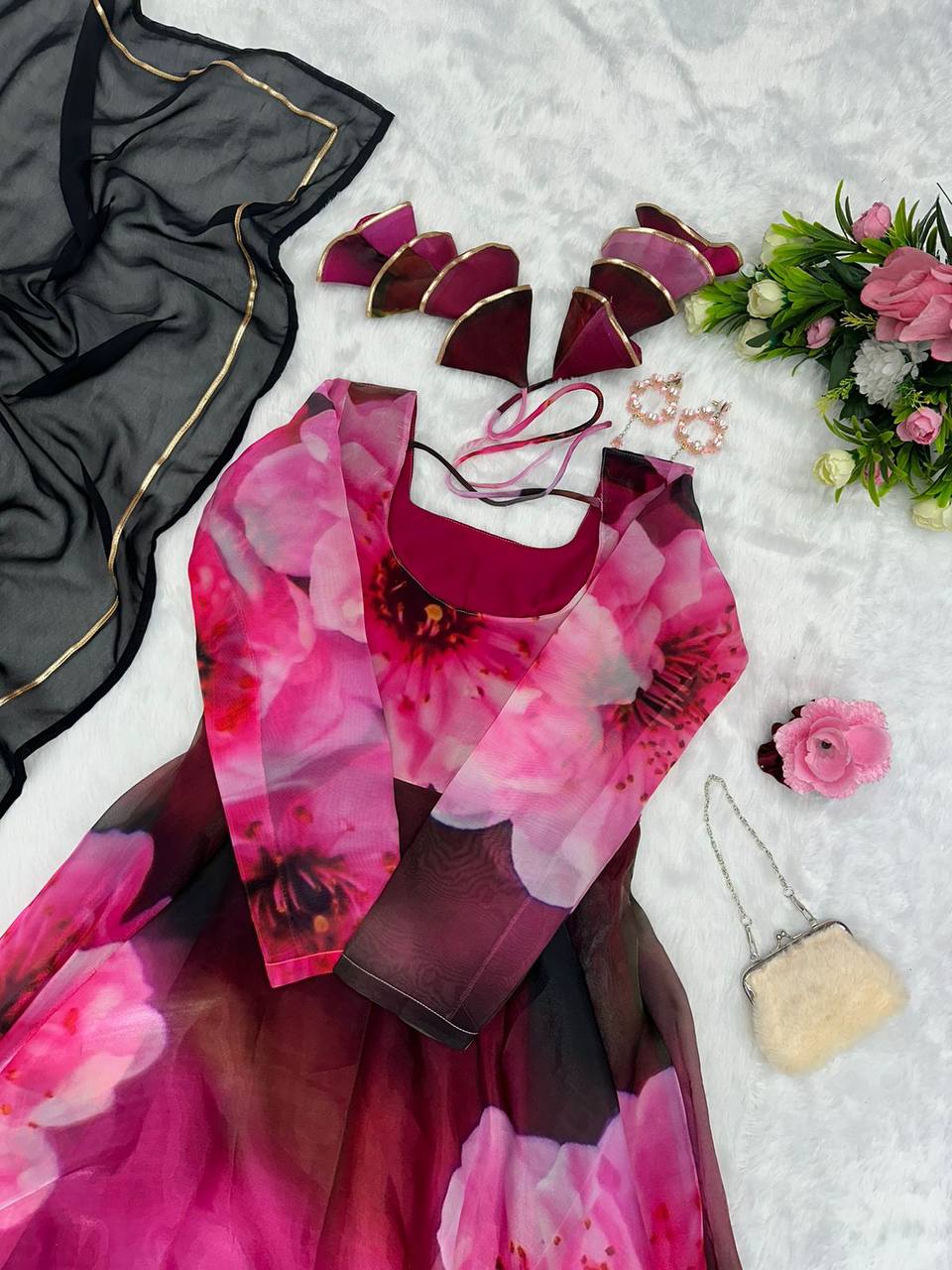 Radiant Pink Organza Silk Digital Printed Fully Stitched Gown With Dupatta - Ethnicwish