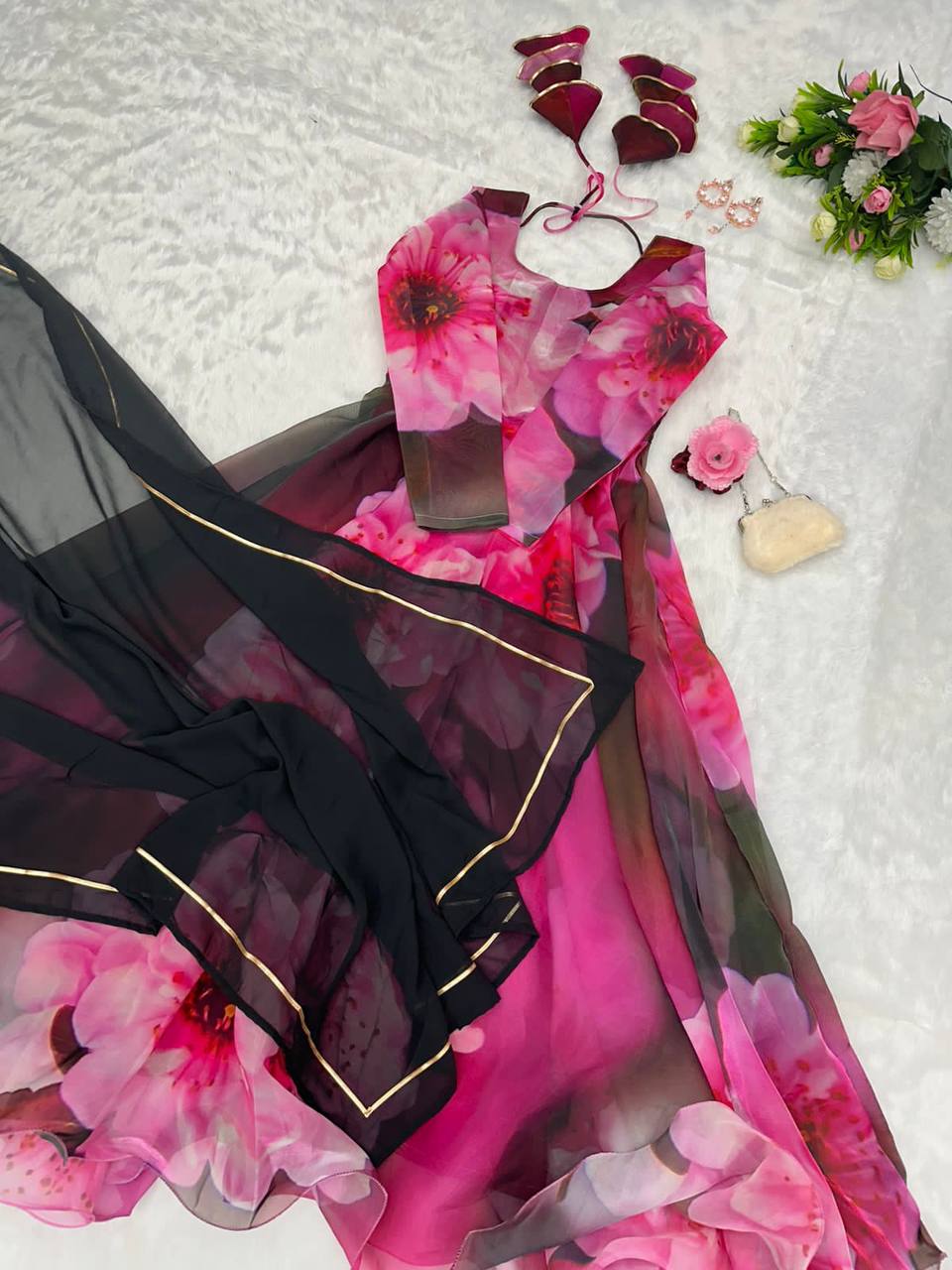 Radiant Pink Organza Silk Digital Printed Fully Stitched Gown With Dupatta - Ethnicwish