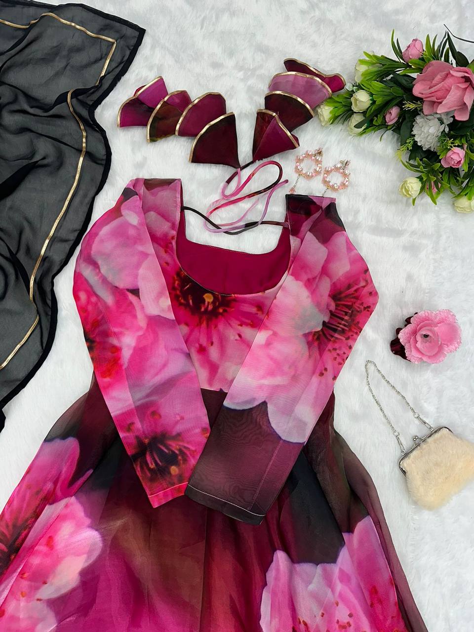 Radiant Pink Organza Silk Digital Printed Fully Stitched Gown With Dupatta - Ethnicwish