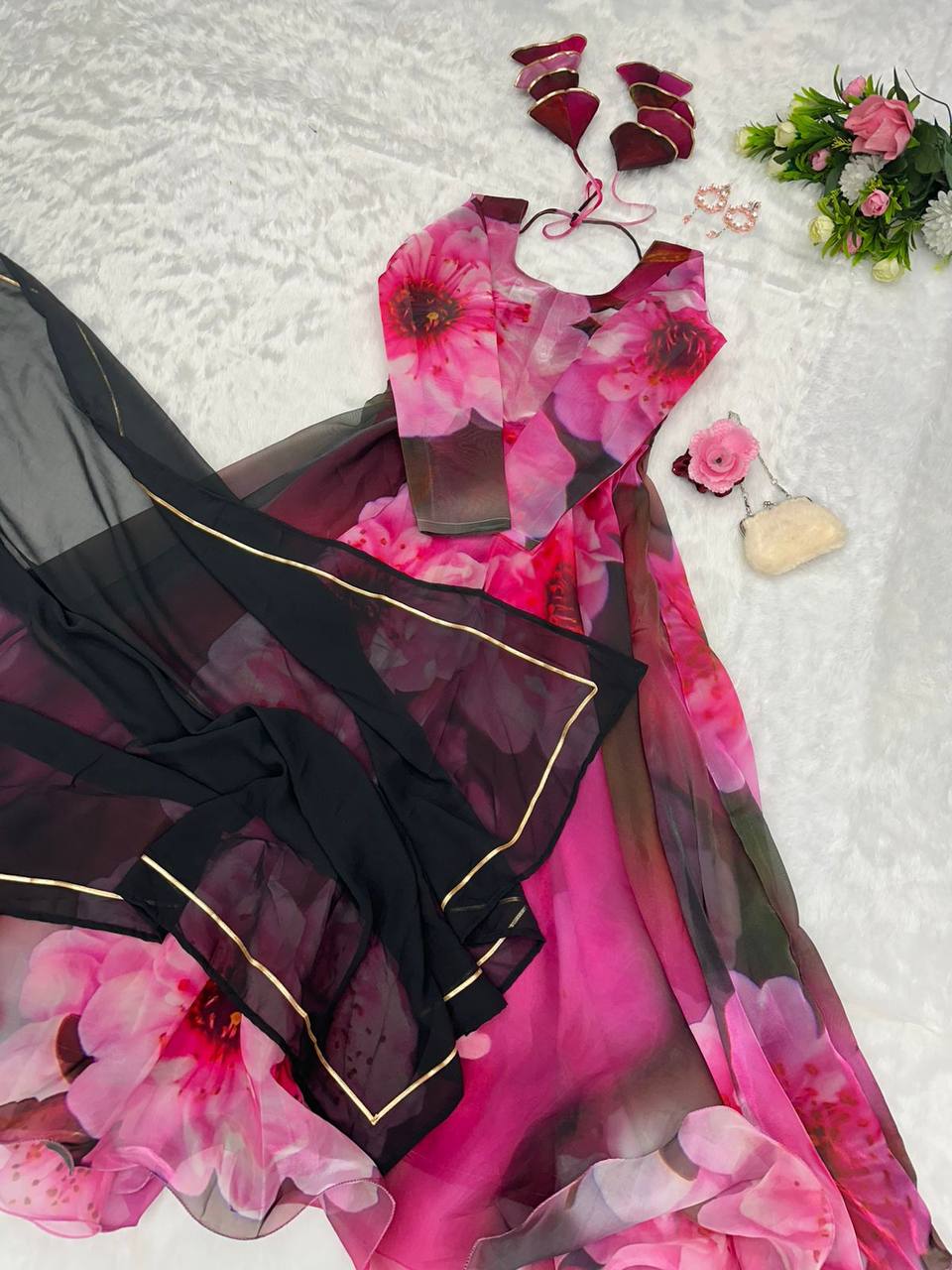 Radiant Pink Organza Silk Digital Printed Fully Stitched Gown With Dupatta - Ethnicwish