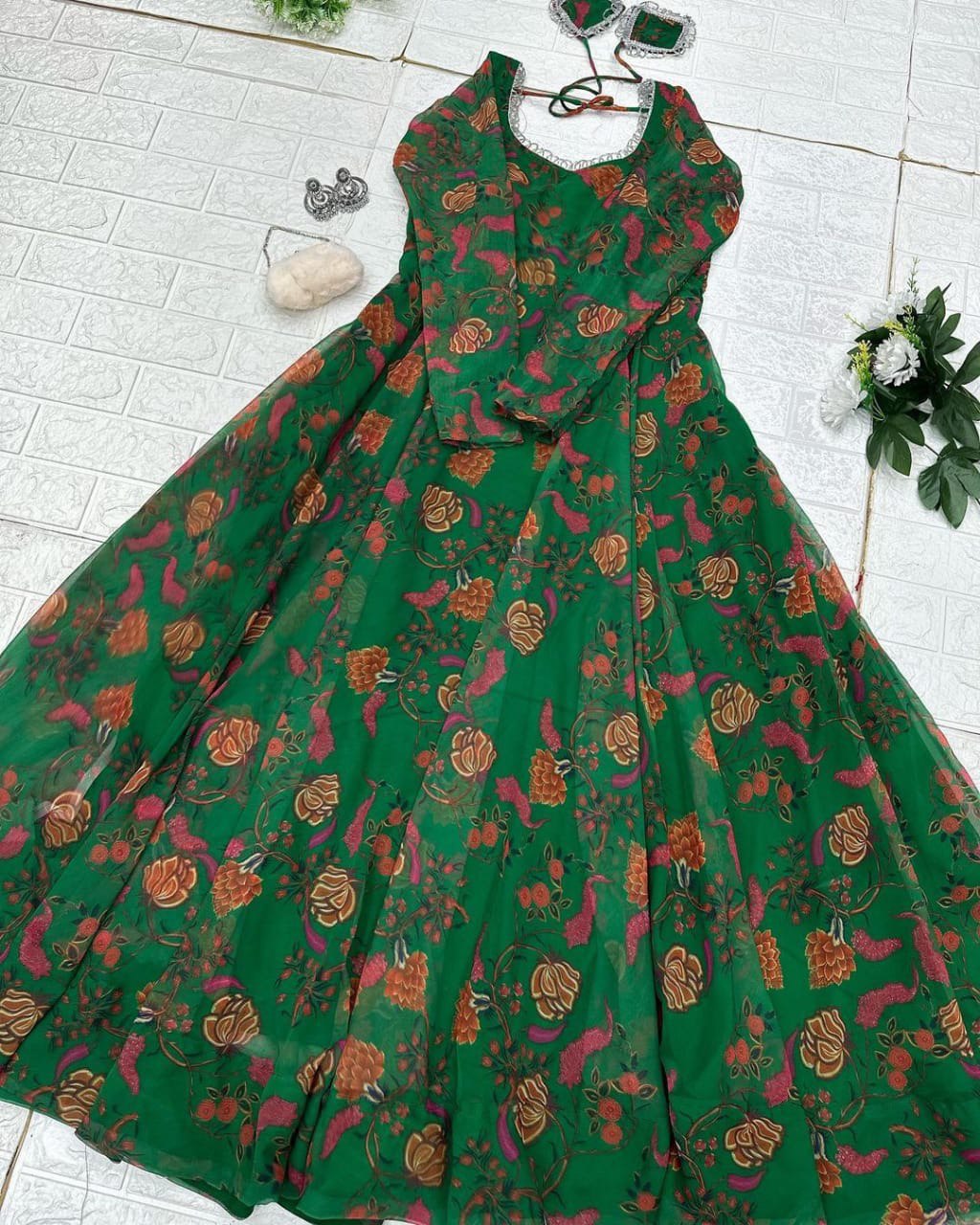 Delightful Green Georgette Floral Digital Printed Gown With Dupatta - Ethnicwish